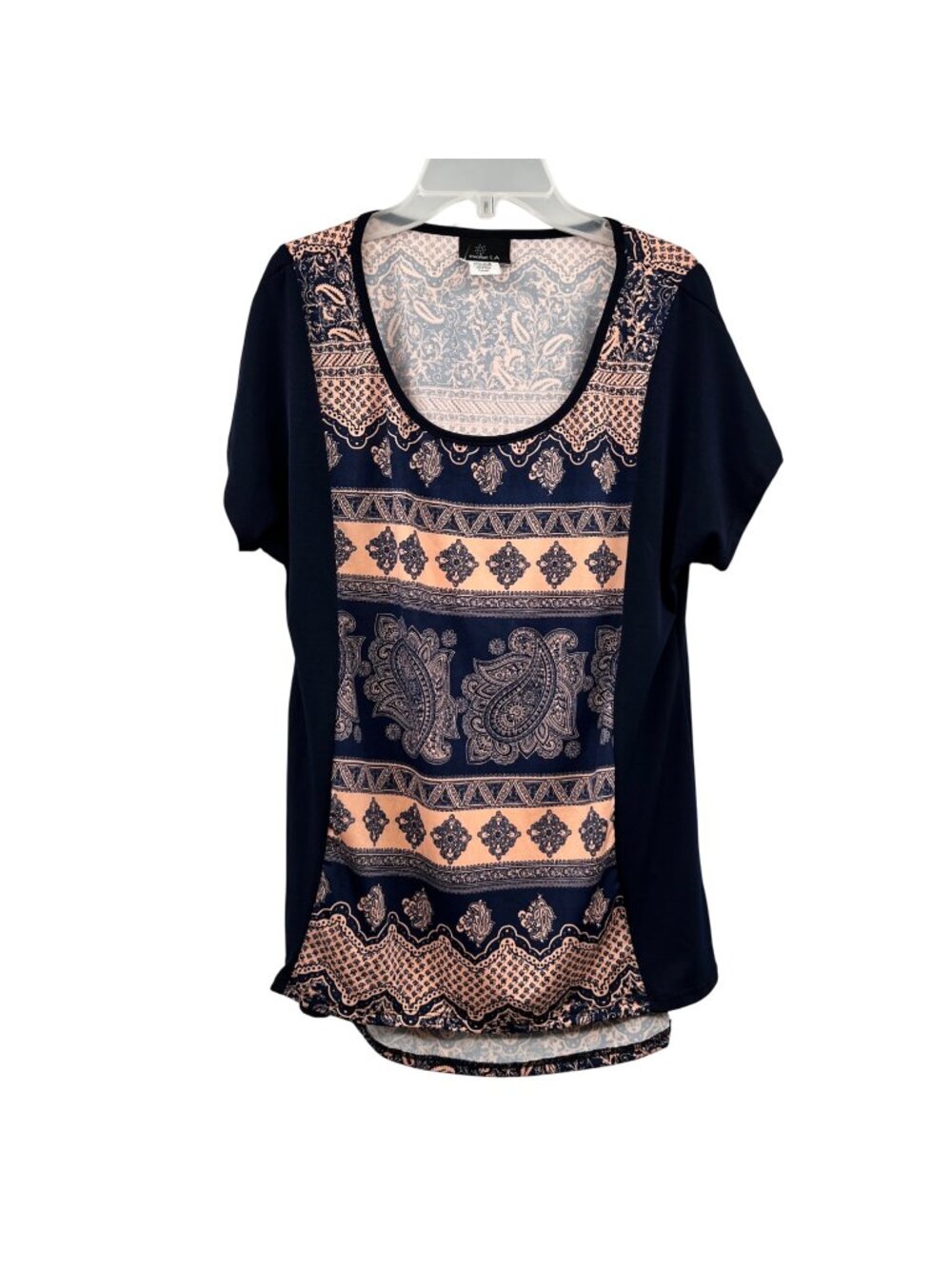 Evolve LA Womens Paisley Short Sleeve Top Navy/Coral Size Large